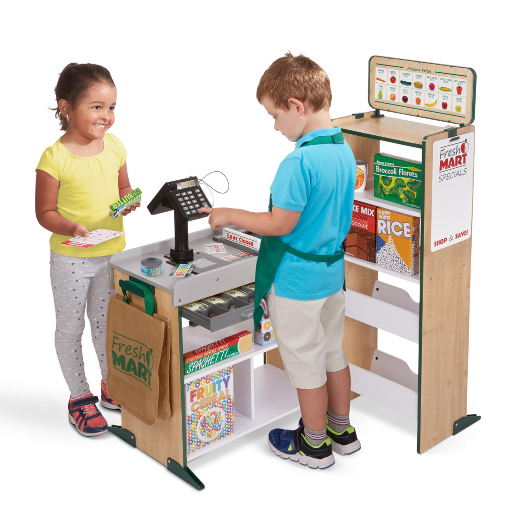 melissa doug smart grocery store with boy and girl playing
